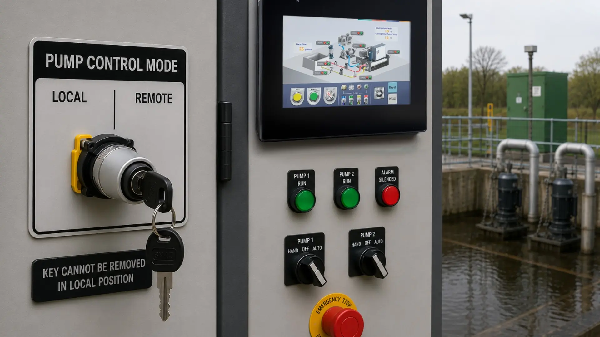 Keyed 2 position selector switch for pump control at water treatment plant Keyed 2 position selector switch for pump control at water treatment plant using local and remote