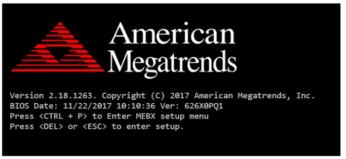 Screenshot of the American Megatrends BIOS startup screen displaying the AMI logo, BIOS version information, BIOS build date, and a prompt instructing the user to press DEL or ESC to enter BIOS Setup.