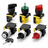 Collection of industrial 2-position selector switches with multiple knob styles and color options
