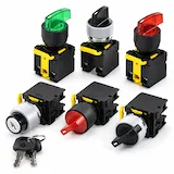 Collection of industrial 3-position selector switches with multiple knob styles and color options