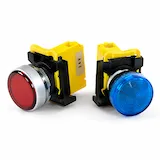 Collection of industrial indicator lights in multiple sizes, colors, and mounting styles