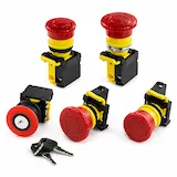 Collection of industrial latching emergency stop pushbuttons in multiple sizes and actuator styles