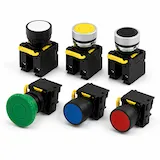Collection of industrial momentary pushbuttons with multiple actuator styles, colors, and mounting options