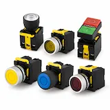 Collection of industrial toggle pushbuttons with multiple actuator styles and color options for maintained control