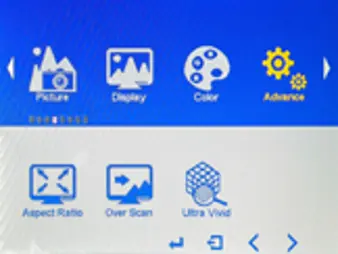 MON1000 Series OSD Advance menu showing aspect ratio, overscan, and Ultra Vivid settings.