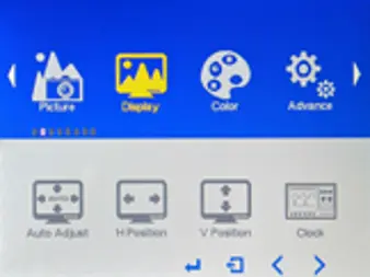 MON1000 Series OSD Display menu showing auto adjustment, horizontal position, vertical position, and clock settings.