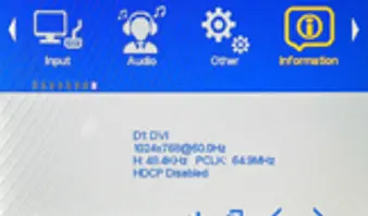 MON1000 Series OSD Information menu displaying the current input source, resolution, timing, and HDCP status.