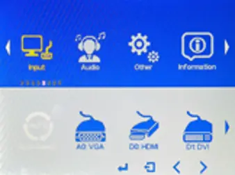 MON1000 Series OSD Input menu showing available video input source selections.