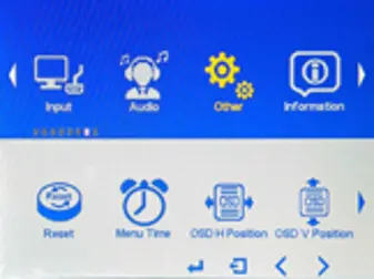 MON1000 Series OSD Other menu showing reset, menu timeout, and OSD position settings.