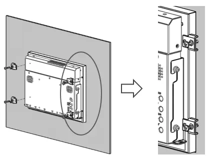 Illustration showing panel mounting clamps securing a MON1000 Series industrial monitor in a panel cutout, with a close-up view of the clamp installation.
