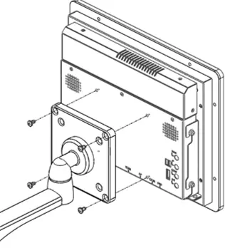 Illustration showing VESA mount installation on a MON1000 Series industrial monitor using a standard VESA mounting arm attached to the rear mounting plate.