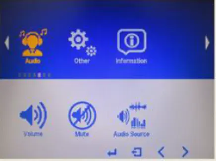 MON6000 Series OSD Audio menu showing volume, mute, and audio source selection settings.
