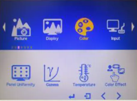 MON6000 Series OSD Color menu showing panel uniformity, gamma, color temperature, and color effect settings.