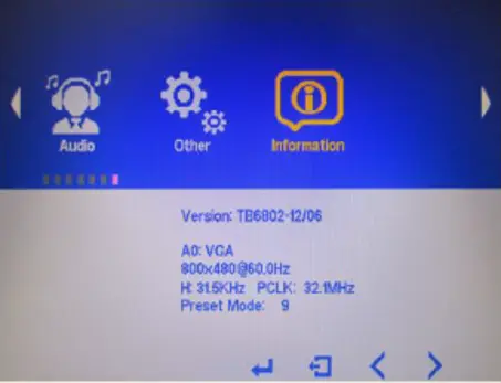 MON6000 Series OSD Information menu displaying the current input source, resolution, refresh rate, and firmware version.