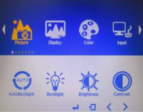MON6000 Series OSD Picture menu showing autobacklight, backlight, brightness, and contrast settings.