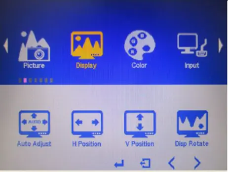 MON6000 Series OSD Display menu showing auto adjustment, horizontal position, vertical position, and display rotation settings.