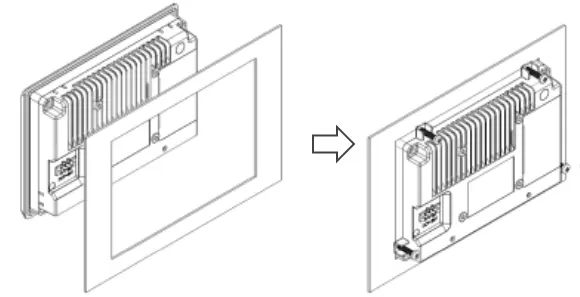 Illustration showing panel mount installation of a MON6000 Series industrial monitor, from inserting the monitor into the panel cutout to securing it with mounting clamps.