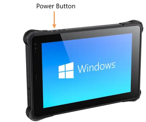 RT1100A Series Power Button Location Perspective view of the RT1100A Series rugged tablet with an arrow identifying the location of the power button on the edge of the device.