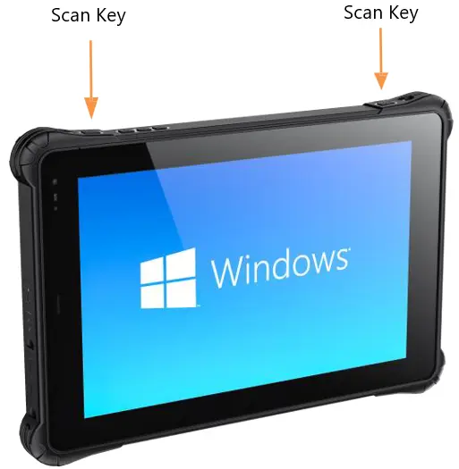 RT1100A Series Scan Key Locations Perspective view of the RT1100A Series rugged tablet with arrows identifying the locations of the left and right scan keys on the edge of the device.