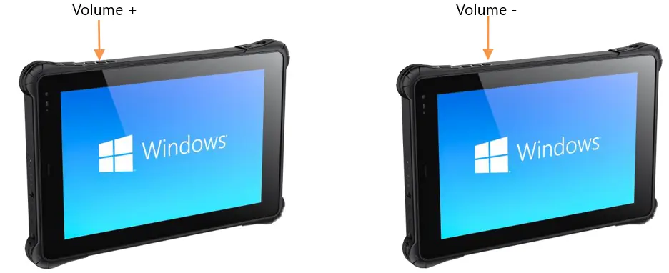 RT1100A Series Volume Control Buttons Perspective view of the RT1100A Series rugged tablet with arrows identifying the location of the Volume Up and Volume Down buttons on the edge of the device.