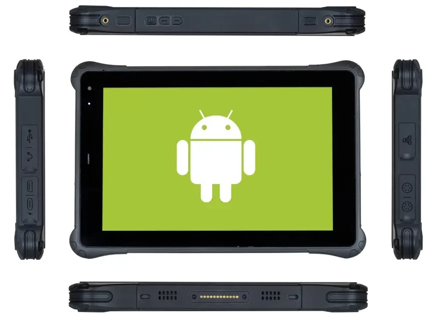 Front and side views of the RT1300B Series rugged tablet showing the touchscreen display, physical buttons, I/O ports, docking connector, and ruggedized enclosure.