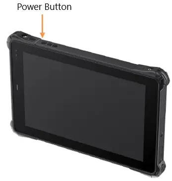 Perspective view of the RT1300B Series rugged tablet with an arrow identifying the location of the power button on the edge of the device.