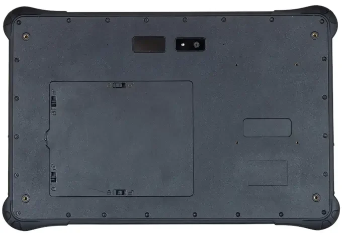 Rear view of the RT1300B Series rugged tablet showing the integrated camera, battery compartment, and ruggedized rear enclosure.