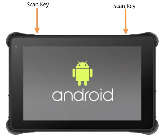 Front view of the RT1300B Series rugged tablet with arrows identifying the locations of the left and right scan keys on the edge of the device.