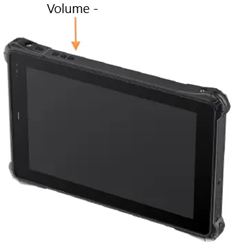 Perspective view of the RT1300B Series rugged tablet with an arrow identifying the location of the Volume Down button on the edge of the device.
