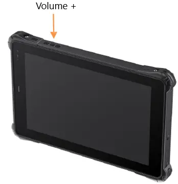 Perspective view of the RT1300B Series rugged tablet with an arrow identifying the location of the Volume Up button on the edge of the device.