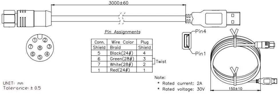 AEx-100 Series USB Touch Cable Diagram Cable diagram showing an M12 8-pin connector to USB Type-A cable with pin assignments, wire color mapping, connector views, and overall dimensions.
