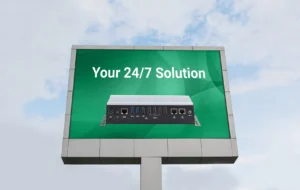 A digital billboard showing Maple Systems' BPC2620 as a purpose-built 24/7 solution for digital signage