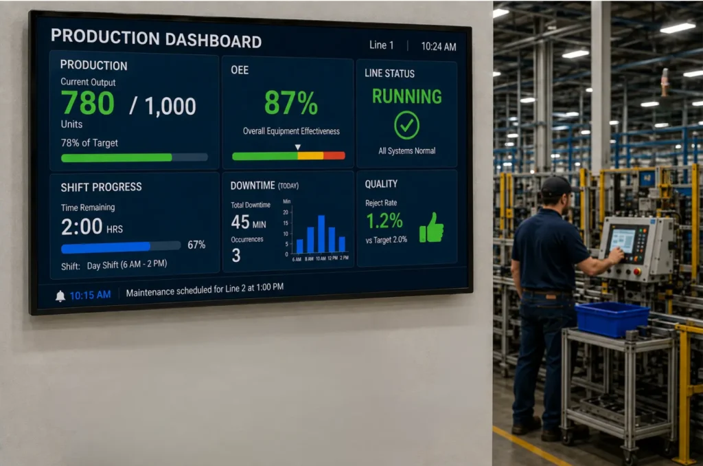 Digital Signage manufacturing environment with a large commercial display Digital Signage manufacturing environment with a large commercial display showing a production dashboard