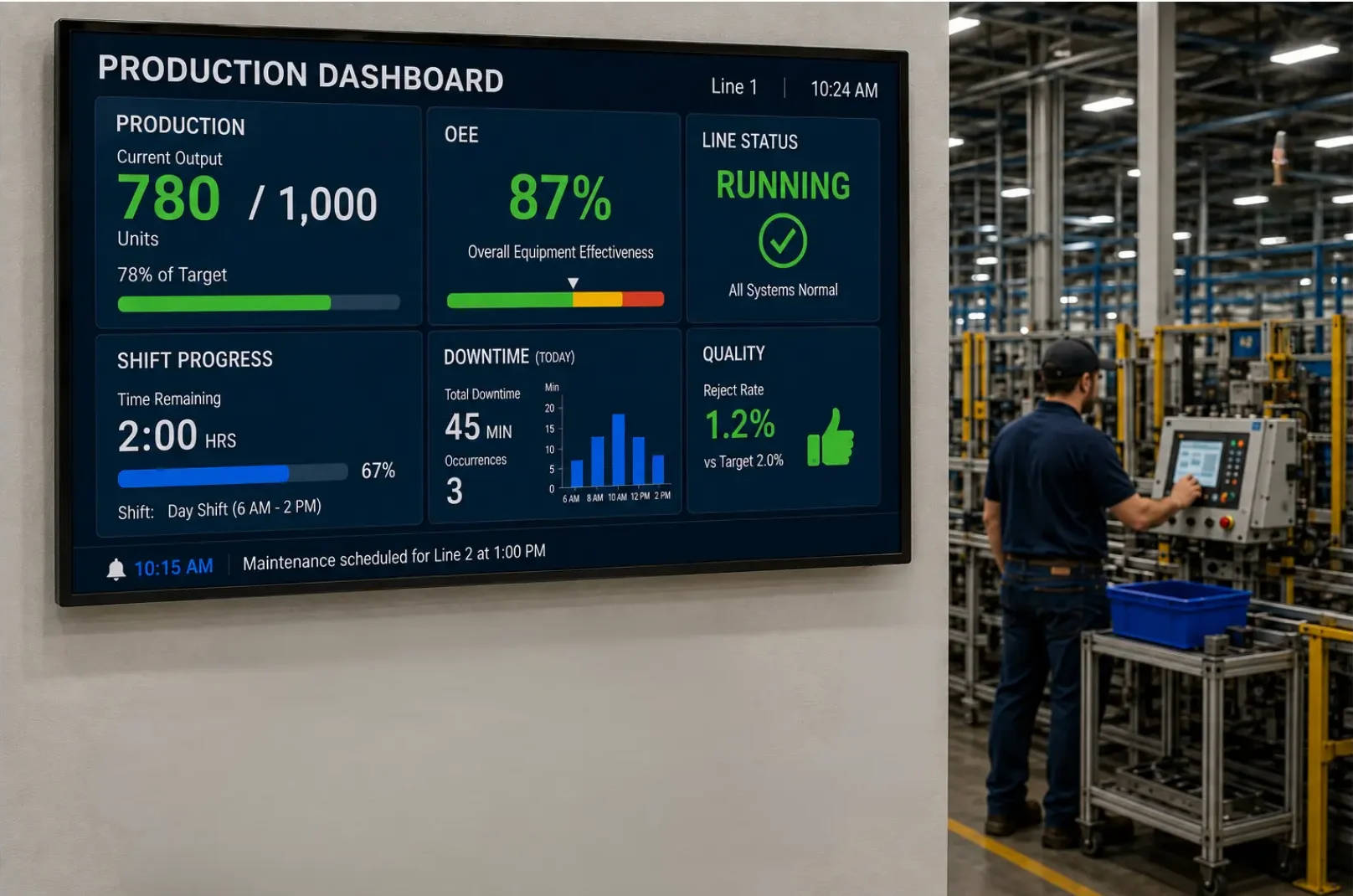 Digital Signage manufacturing environment with a large commercial display showing a production dashboard