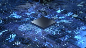 A CPU hooked up to high-tech blue circuits.