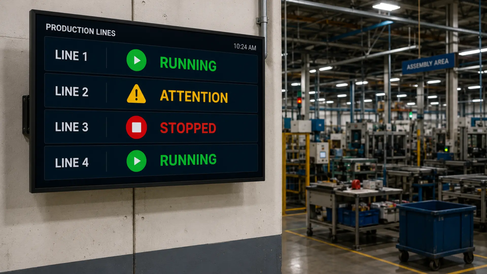 Commercial display on a manufacturing floor Commercial display on a manufacturing floor using clear status indicators