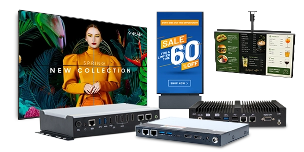 The various Digital Signage PCs offered by Maple Systems alongside various examples of how you'd use them, like a digital menu, a stand-up mall sign, or a multi-display promo.