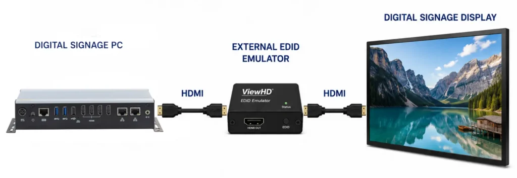 Digital Signage PC HDMI to EDID Emulator to HDMI to a Display Digital Signage PC HDMI to EDID Emulator to HDMI to a Display. This uses an EDID emulator between the PC and Monitor
