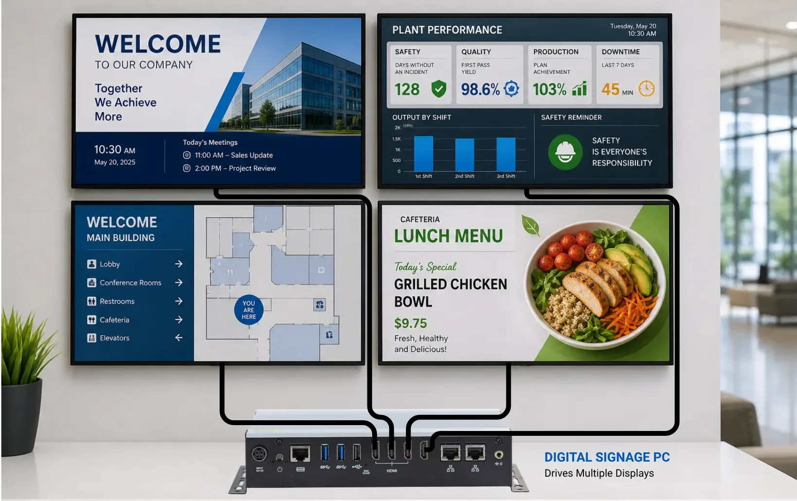 Digital Signage PC connected to several commercial displays showing different types of signage content Digital Signage PC connected to several commercial displays showing different types of signage content with HDMI outputs