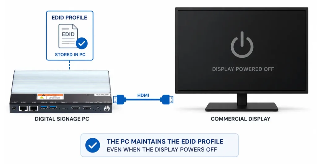 Digital Signage PC maintaining an EDID profile Digital Signage PC maintaining an EDID profile while a connected commercial display powers off.