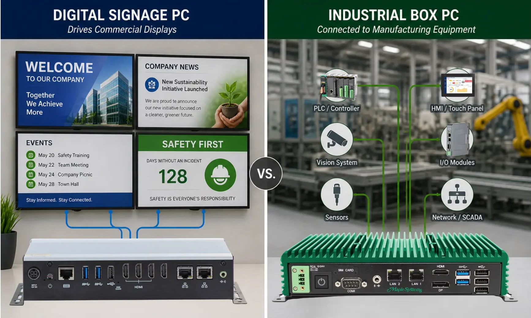 Digital Signage PC and Industrial Box PC Digital Signage PC vs Industrial Box PC driving commercial displays and connected to manufacturing equipment