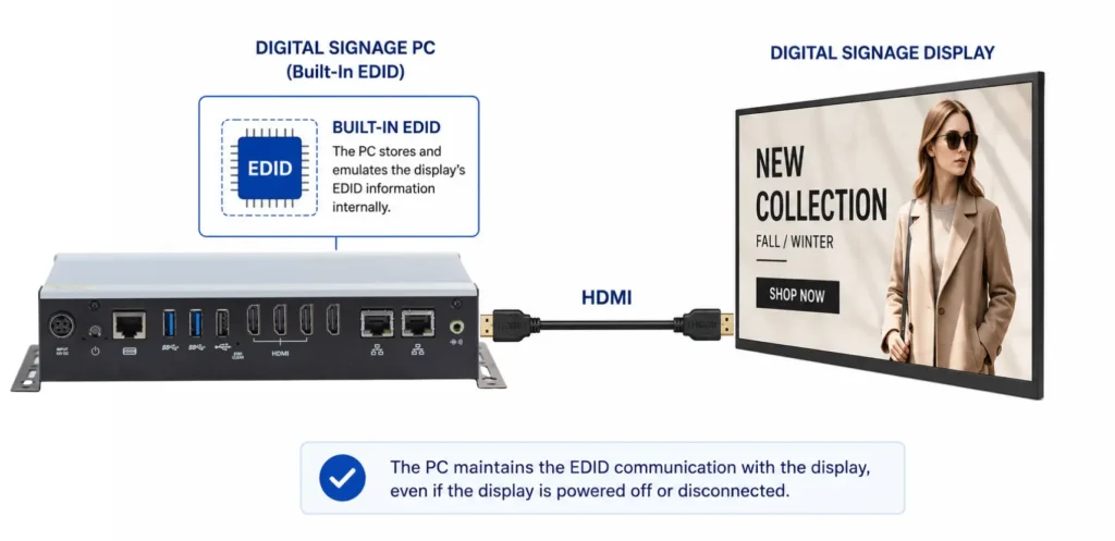 Digital Signage PC with Built-In EDID with HDMI to a Display Digital Signage PC with Built-In EDID with HDMI to a Display and showing the EDID functionality inside the PC, rather than as another device