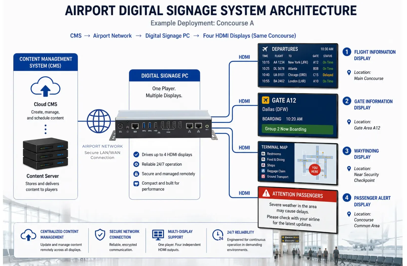 Digital Signage Airport Concourse Network Architecture Diagram with PC