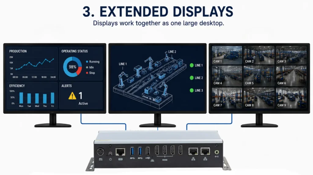Digital Signage Extended Displays using control room and network operations