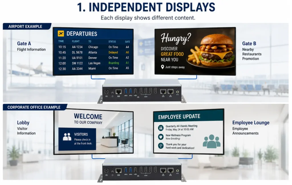 Digital Signage Independent Displays using airport and corporate office examples