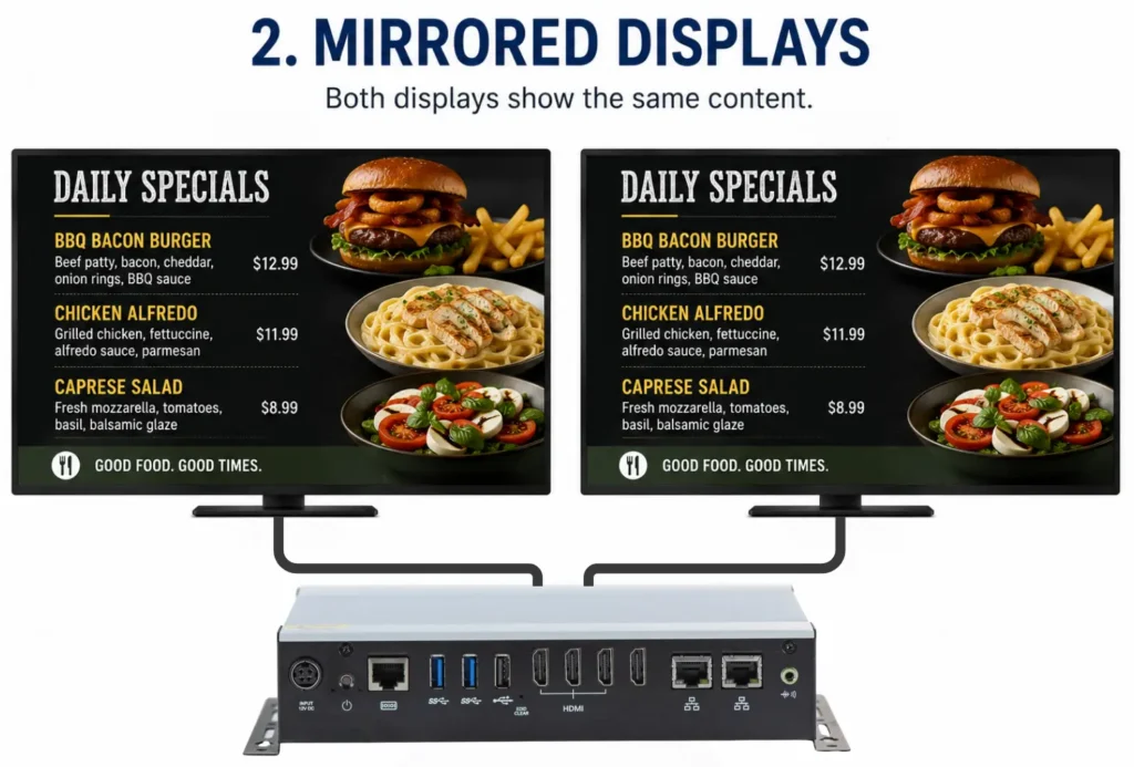 Digital Signage Mirrored Displays using restaurant examples