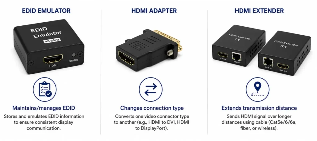 Digital Signage EDID Devices and HDMI Digital Signage EDID emulator, HDMI adaptor, HDMI extender diagram