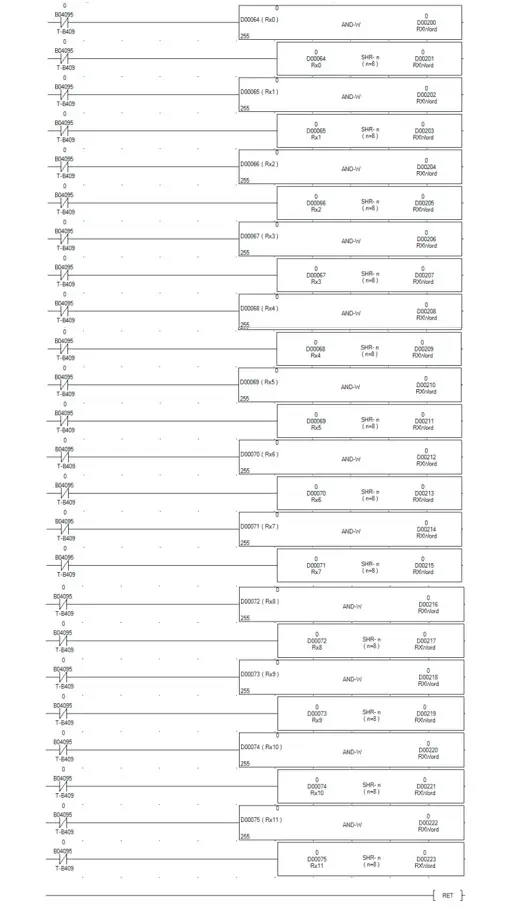 Sample Ladder example 2 in MAPware7000 This example shows how to decode received data in MAPware7000 for the ASCII driver. The data starts at register D64