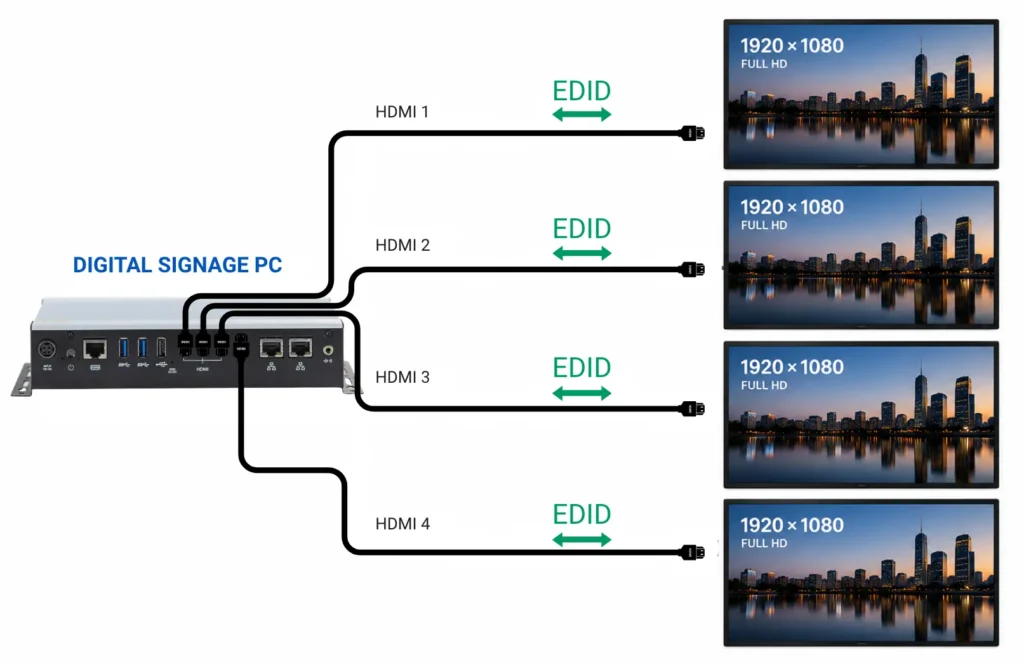 Digital Signage - Four matching displays through four HDMI connections. Digital Signage showing four matching displays through four HDMI connections. Using small two-way EDID indicators along each HDMI connection rather than separate EDID cables.