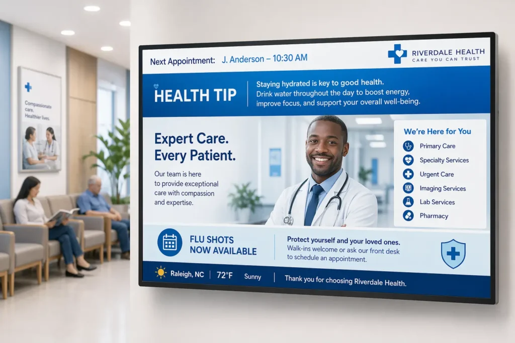 Hospital Digital Signage A sign showing a hospital with a digital sign.